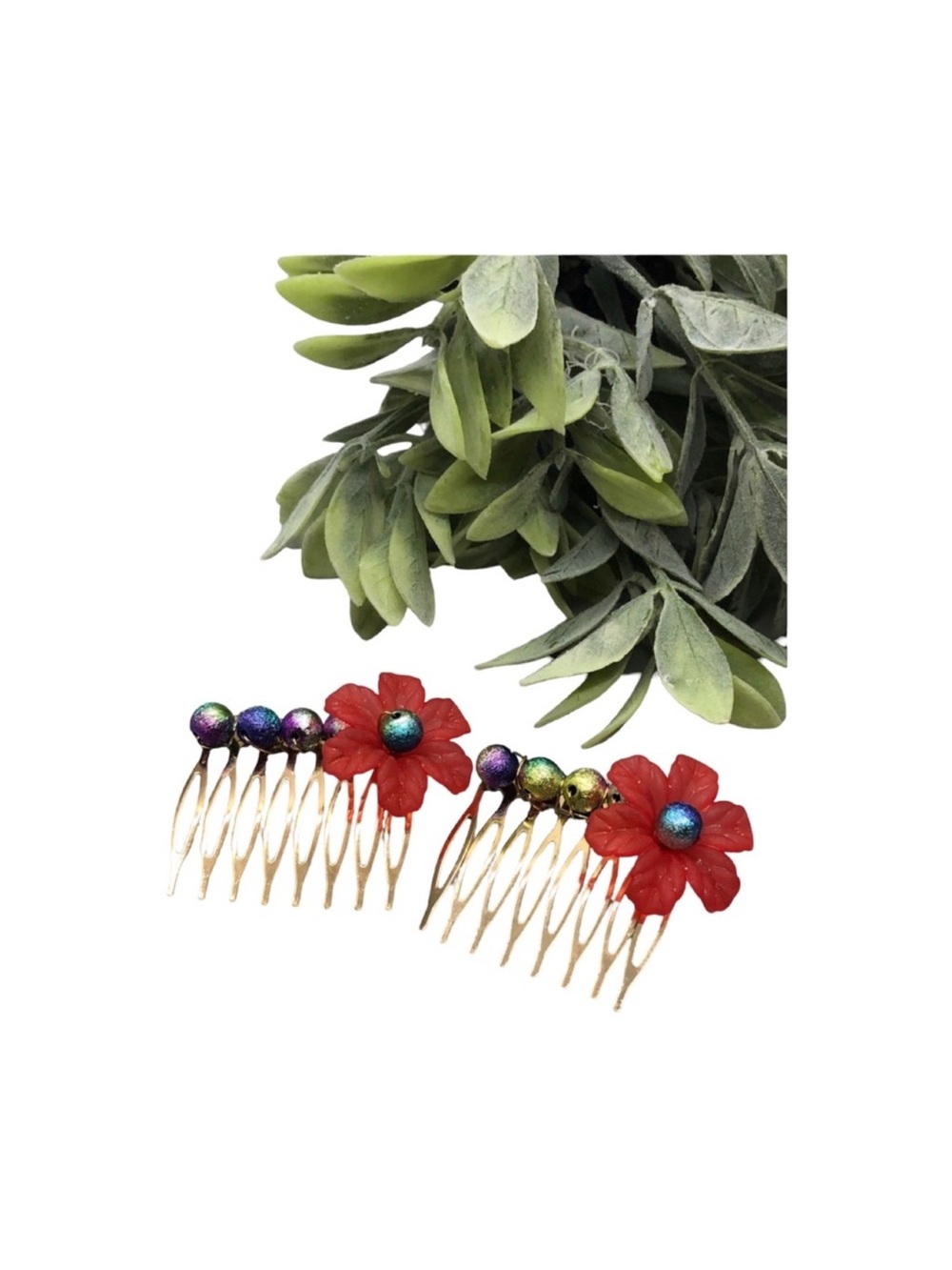 Red Floral Bead Hair Combs - Set of 2 FINAL PRICE DROP